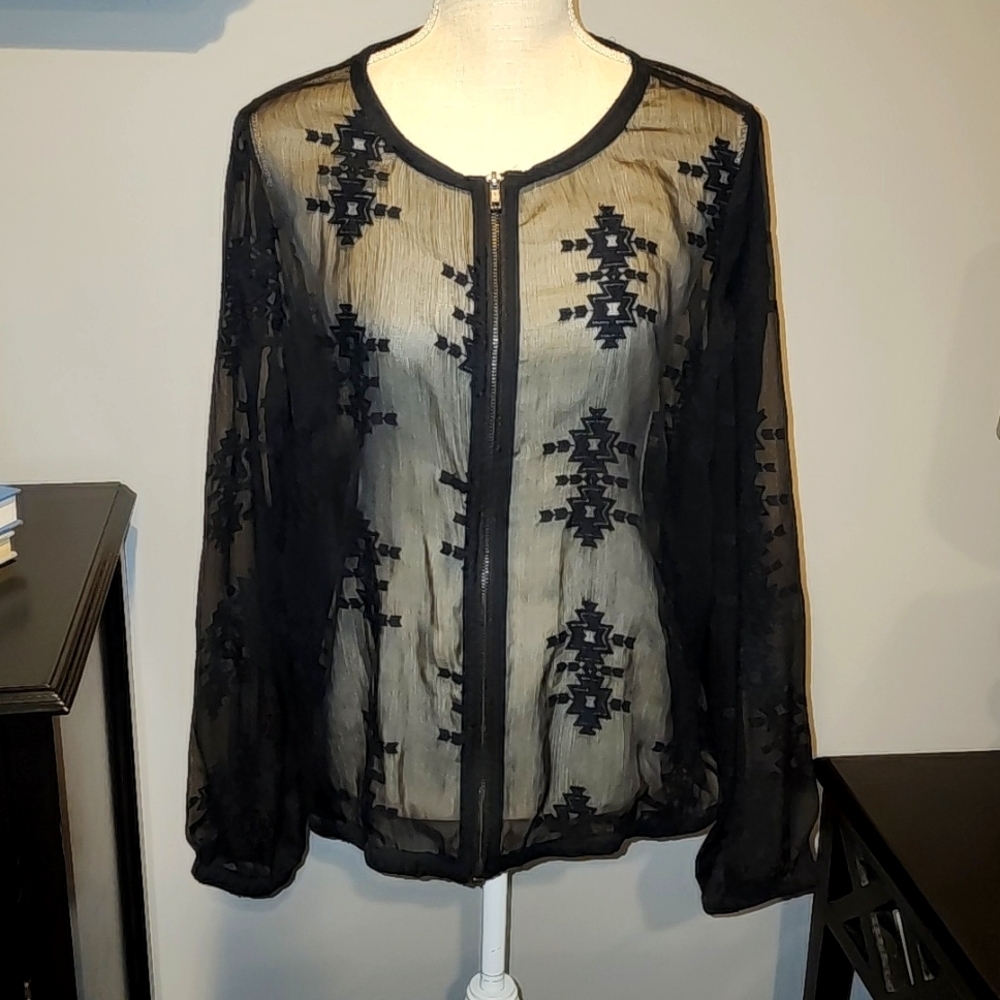 Sheer black w/treaded design zip-up round neck top size XL bust 23 and length 25